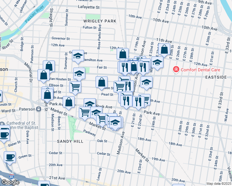 map of restaurants, bars, coffee shops, grocery stores, and more near 464 Ellison Street in Paterson