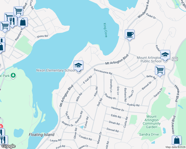map of restaurants, bars, coffee shops, grocery stores, and more near 290 Mount Arlington Boulevard in Roxbury Township