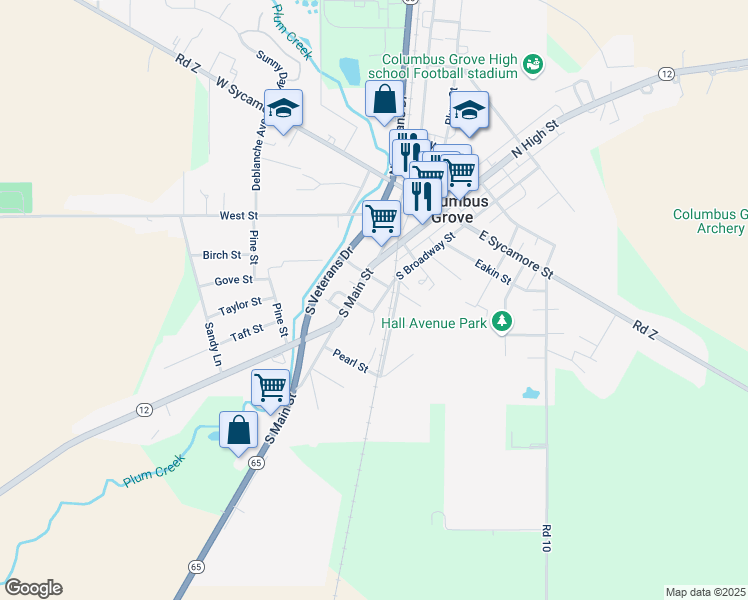 map of restaurants, bars, coffee shops, grocery stores, and more near 501 South Broadway Street in Columbus Grove