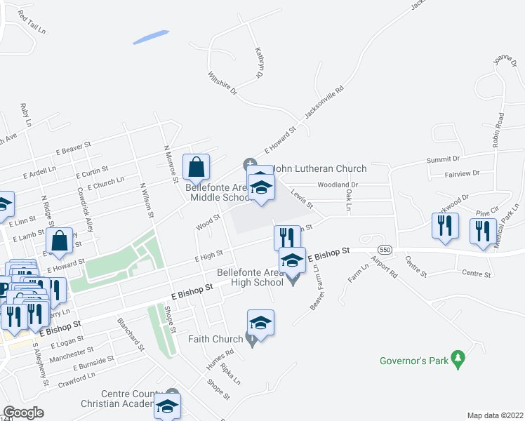 map of restaurants, bars, coffee shops, grocery stores, and more near 100 North School Street in Bellefonte