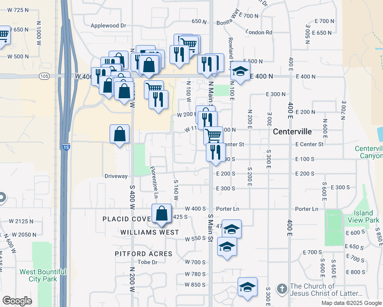 map of restaurants, bars, coffee shops, grocery stores, and more near 88 West 50 South in Centerville