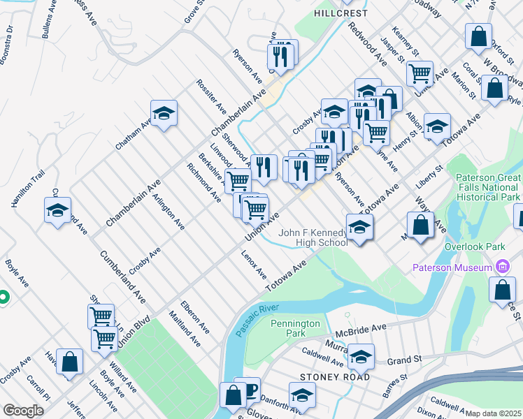 map of restaurants, bars, coffee shops, grocery stores, and more near 150 Linwood Avenue in Paterson