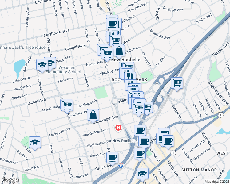 map of restaurants, bars, coffee shops, grocery stores, and more near in New Rochelle