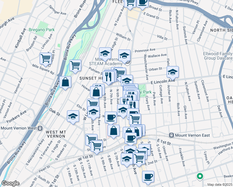 map of restaurants, bars, coffee shops, grocery stores, and more near 223 North 6th Avenue in Mount Vernon