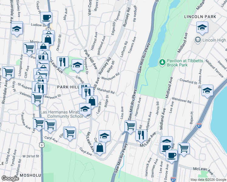 map of restaurants, bars, coffee shops, grocery stores, and more near 9 Birch Road in Yonkers