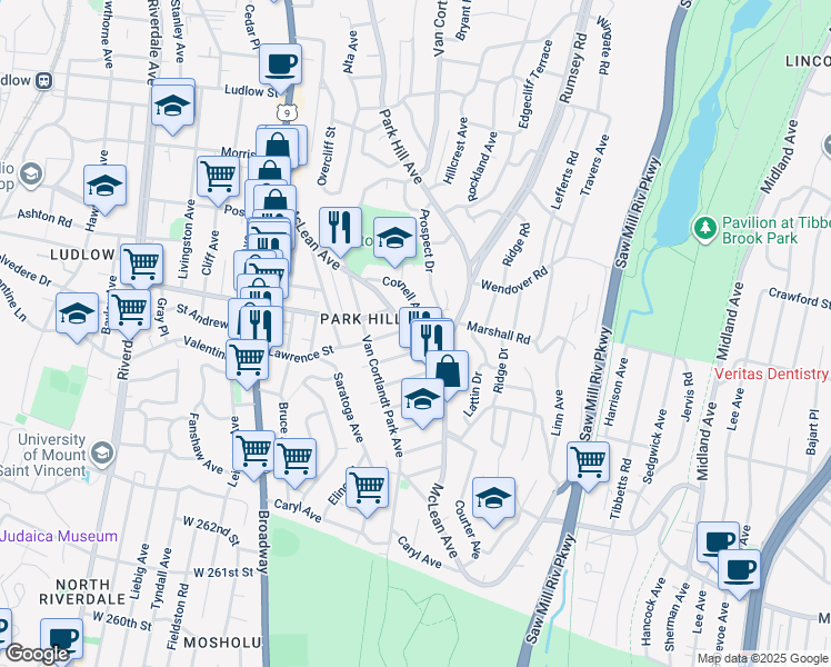 map of restaurants, bars, coffee shops, grocery stores, and more near 117 McLean Avenue in Yonkers