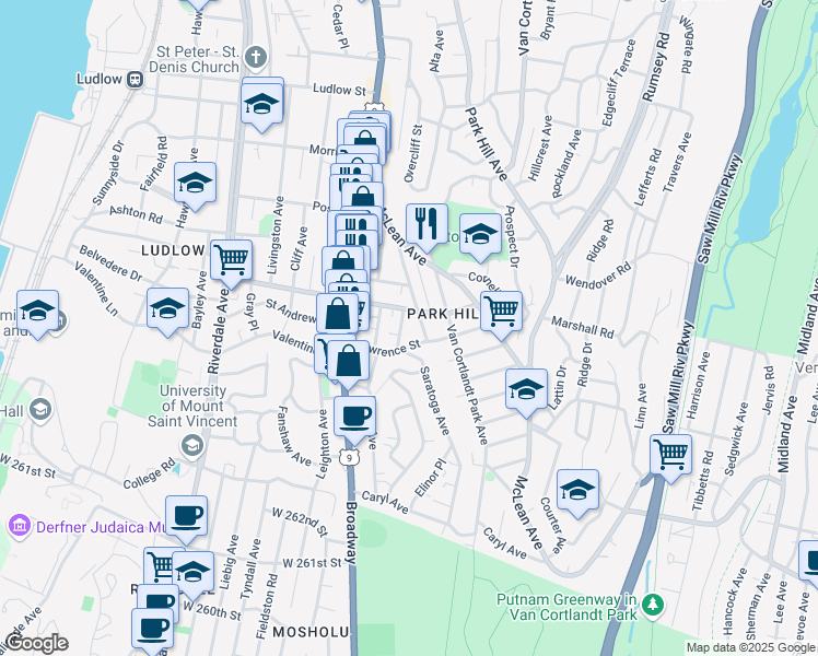 map of restaurants, bars, coffee shops, grocery stores, and more near 36 Radford Street in Yonkers