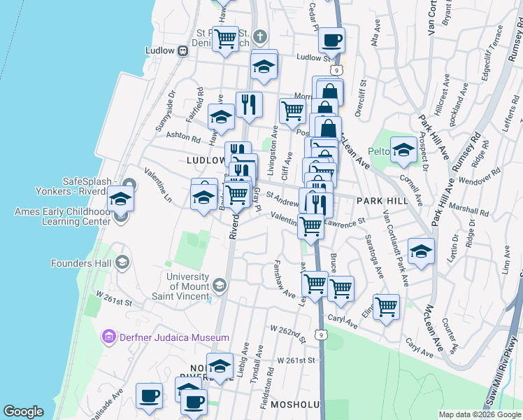 map of restaurants, bars, coffee shops, grocery stores, and more near 205 Valentine Lane in Yonkers