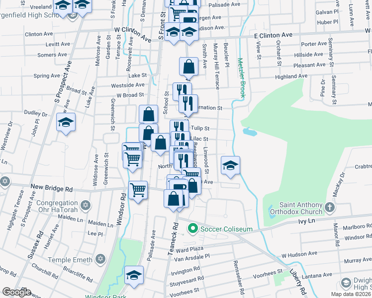 map of restaurants, bars, coffee shops, grocery stores, and more near 16 Lilac Street in Bergenfield