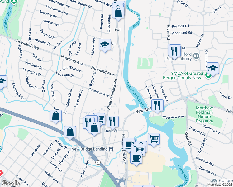 map of restaurants, bars, coffee shops, grocery stores, and more near 280 Kinderkamack Road in River Edge
