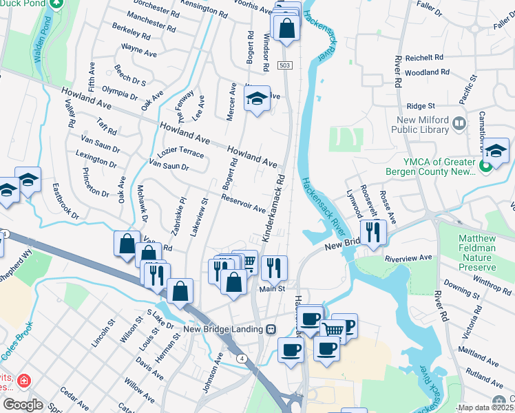 map of restaurants, bars, coffee shops, grocery stores, and more near 257 Kinderkamack Road in River Edge