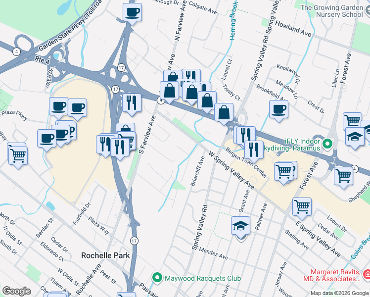 map of restaurants, bars, coffee shops, grocery stores, and more near 73 Swan Court in Paramus