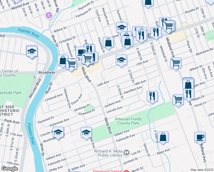 map of restaurants, bars, coffee shops, grocery stores, and more near 18 16th Avenue in Elmwood Park