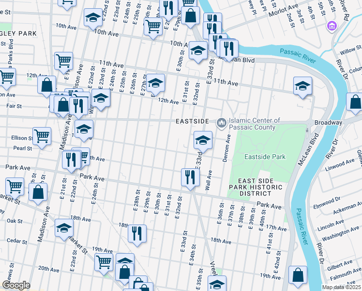 map of restaurants, bars, coffee shops, grocery stores, and more near 232 East 32nd Street in Paterson