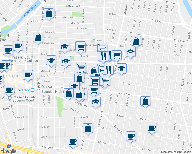 map of restaurants, bars, coffee shops, grocery stores, and more near 464 Ellison Street in Paterson