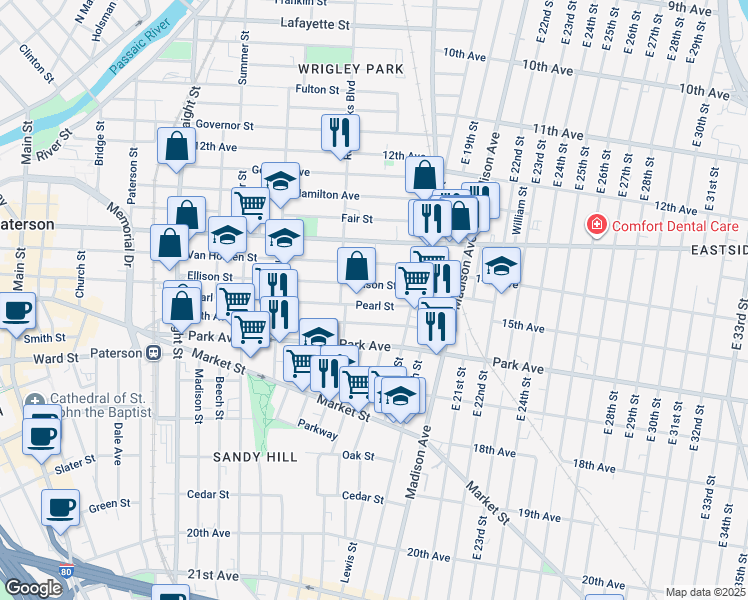 map of restaurants, bars, coffee shops, grocery stores, and more near 426 Ellison Street in Paterson