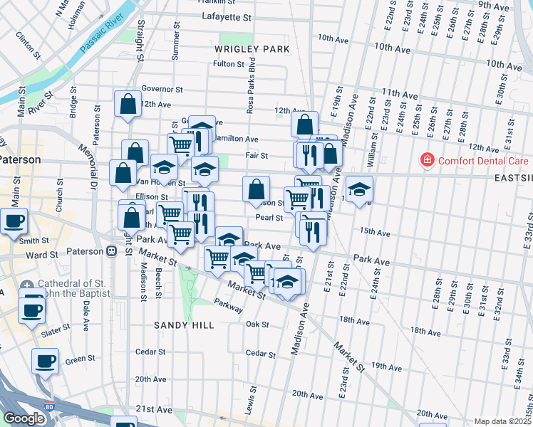 map of restaurants, bars, coffee shops, grocery stores, and more near 426 Ellison Street in Paterson
