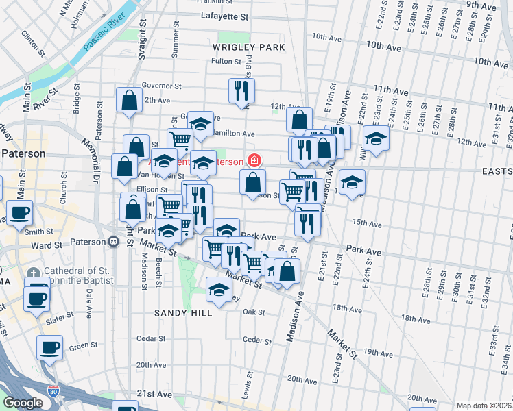 map of restaurants, bars, coffee shops, grocery stores, and more near 426 Ellison Street in Paterson