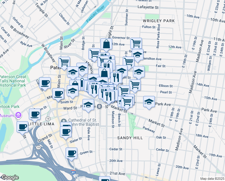 map of restaurants, bars, coffee shops, grocery stores, and more near 207 Straight Street in Paterson