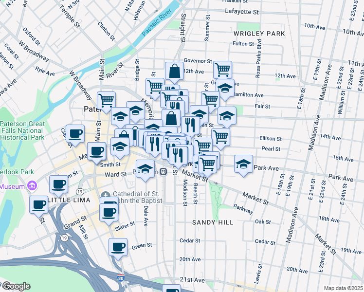 map of restaurants, bars, coffee shops, grocery stores, and more near 207 Straight Street in Paterson