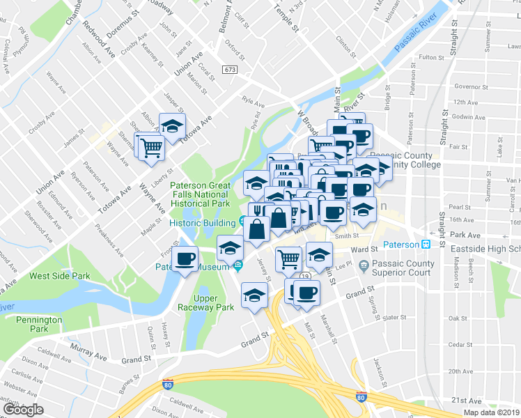 map of restaurants, bars, coffee shops, grocery stores, and more near 15 Van Houten Street in Paterson