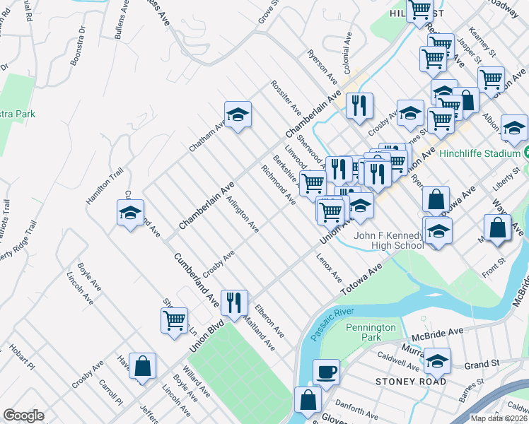 map of restaurants, bars, coffee shops, grocery stores, and more near 154 Lenox Avenue in Paterson