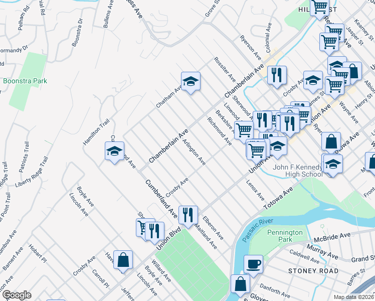 map of restaurants, bars, coffee shops, grocery stores, and more near 189 Arlington Avenue in Paterson