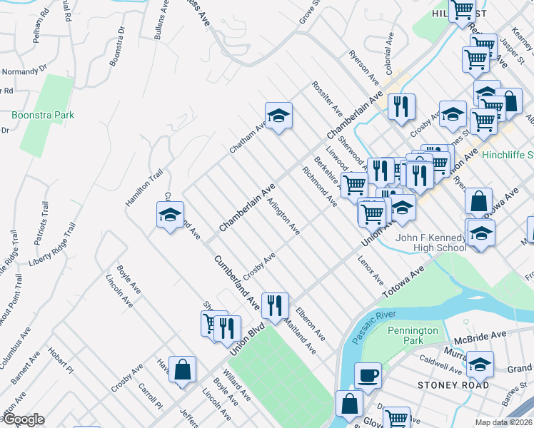map of restaurants, bars, coffee shops, grocery stores, and more near 189 Arlington Avenue in Paterson