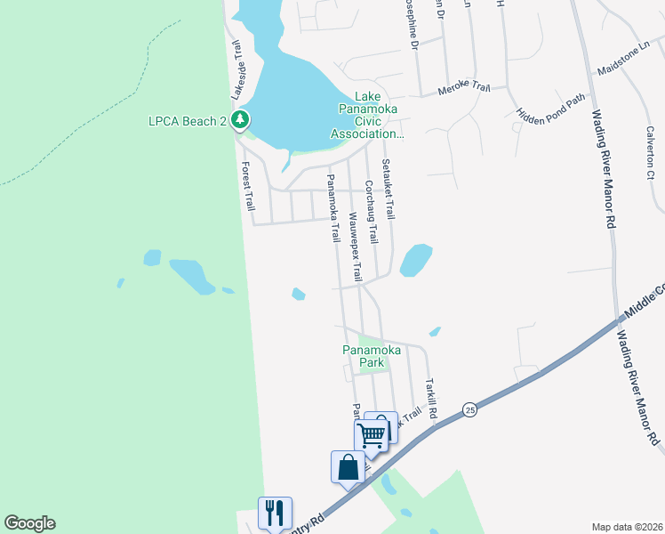 map of restaurants, bars, coffee shops, grocery stores, and more near 101 Panamoka Trail in Ridge
