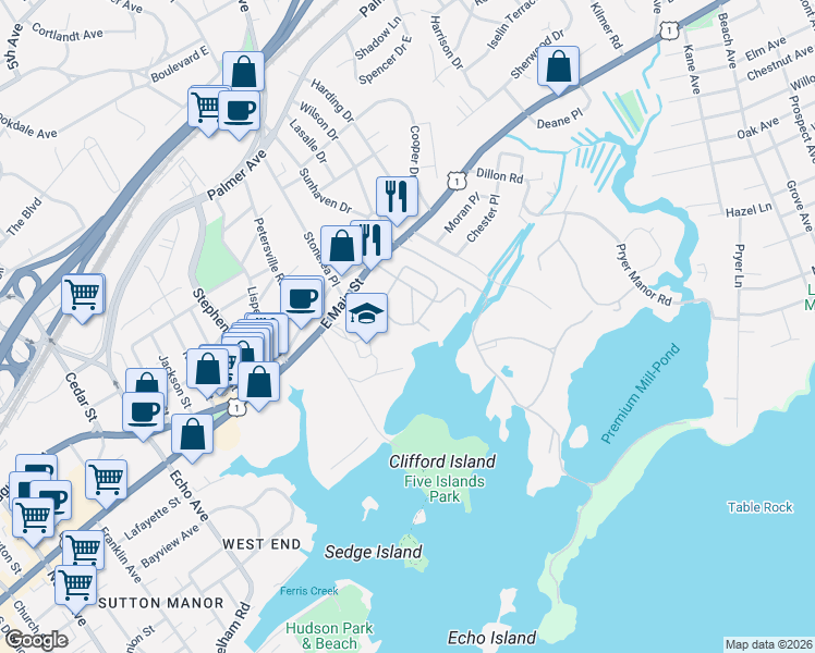 map of restaurants, bars, coffee shops, grocery stores, and more near 75 Seaview Avenue in New Rochelle