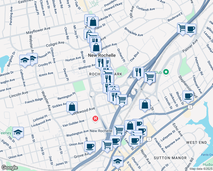 map of restaurants, bars, coffee shops, grocery stores, and more near in New Rochelle