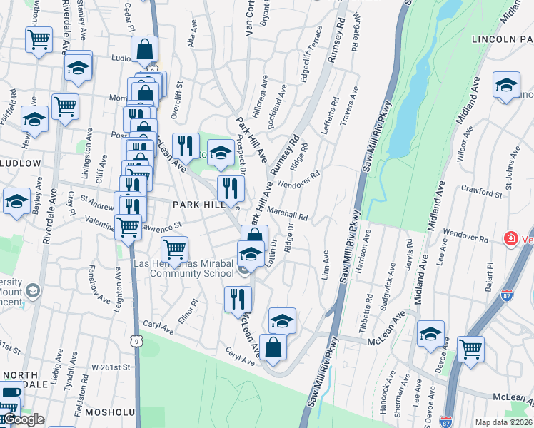 map of restaurants, bars, coffee shops, grocery stores, and more near 9 Marshall Road in Yonkers