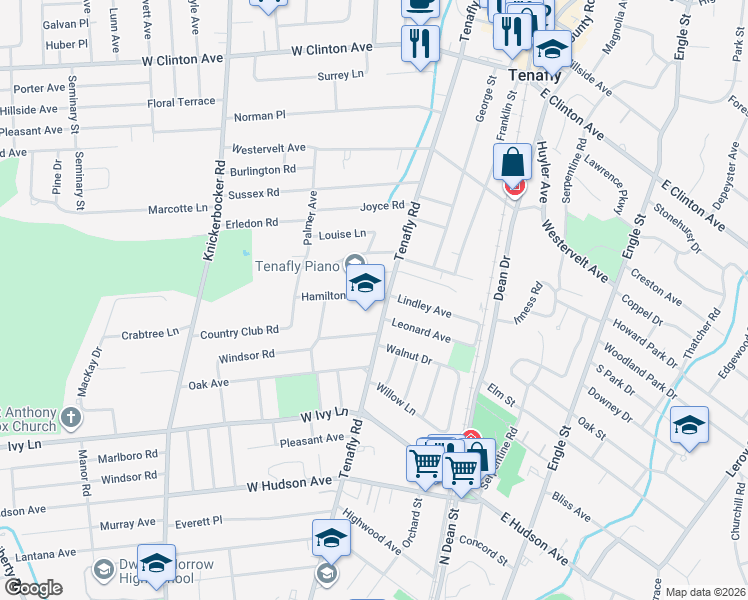 map of restaurants, bars, coffee shops, grocery stores, and more near 1 Hamilton Place in Tenafly