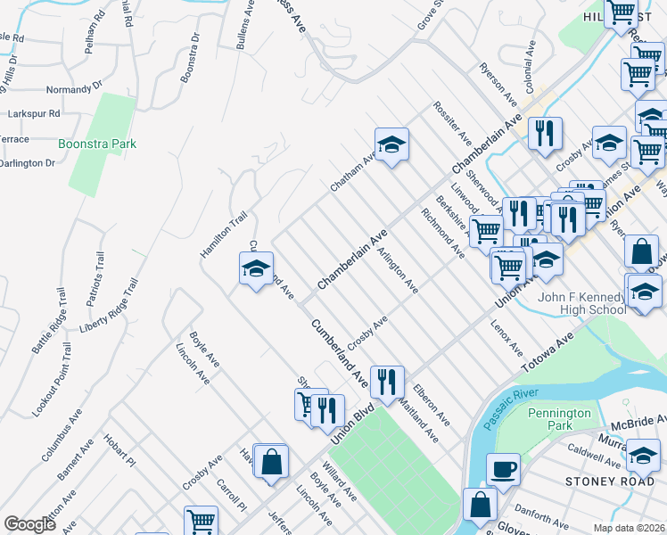 map of restaurants, bars, coffee shops, grocery stores, and more near 65 Chamberlain Avenue in Paterson