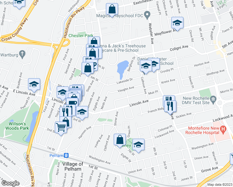 map of restaurants, bars, coffee shops, grocery stores, and more near 82 Vaughn Avenue in New Rochelle