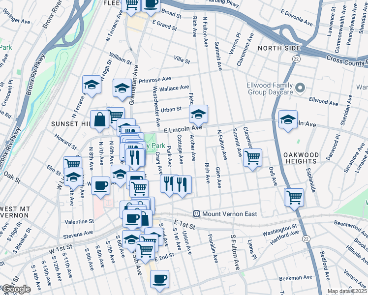 map of restaurants, bars, coffee shops, grocery stores, and more near 159 Cottage Avenue in Mount Vernon