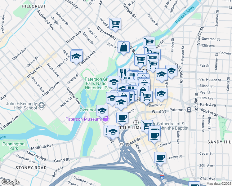 map of restaurants, bars, coffee shops, grocery stores, and more near 7 Ellison Street in Paterson