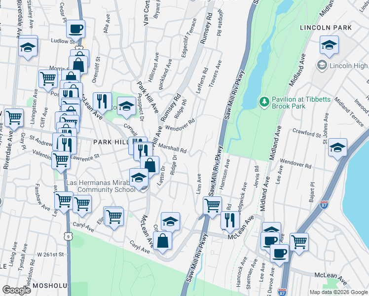 map of restaurants, bars, coffee shops, grocery stores, and more near 9 Birch Road in Yonkers