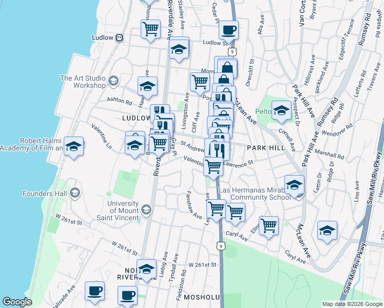 map of restaurants, bars, coffee shops, grocery stores, and more near 50 Saint Andrews Place in Yonkers