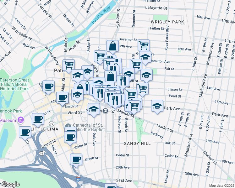 map of restaurants, bars, coffee shops, grocery stores, and more near 207 Straight Street in Paterson