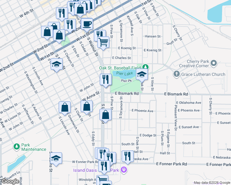 map of restaurants, bars, coffee shops, grocery stores, and more near 112 Bismark Road in Grand Island