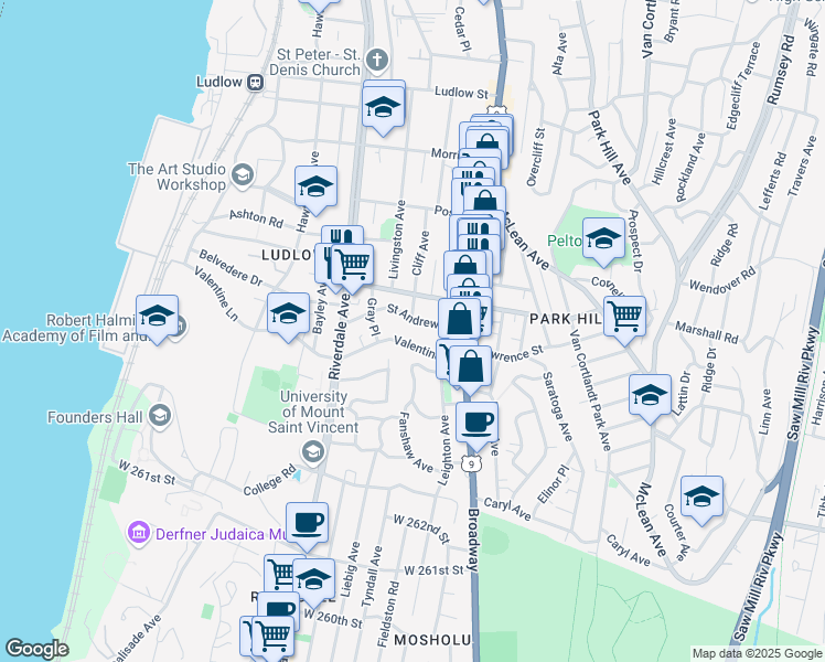 map of restaurants, bars, coffee shops, grocery stores, and more near 50 Saint Andrews Place in Yonkers