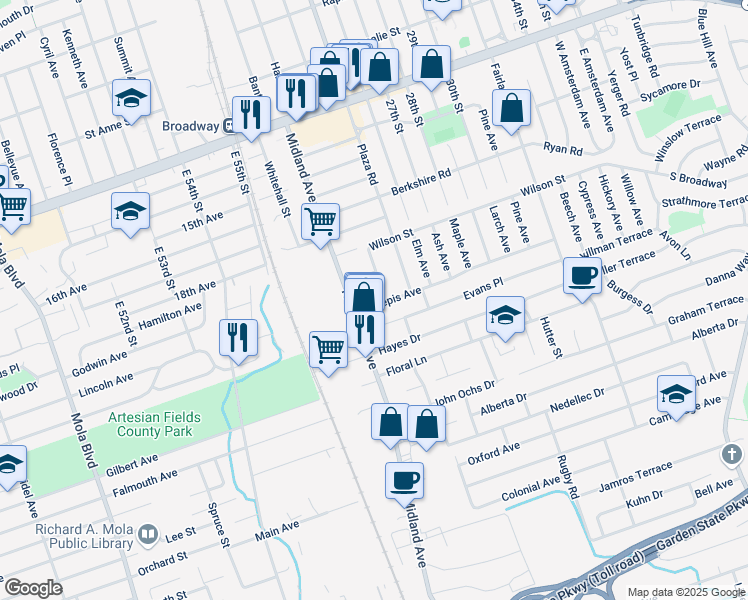 map of restaurants, bars, coffee shops, grocery stores, and more near 5 Wilson Court in Saddle Brook