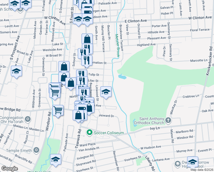 map of restaurants, bars, coffee shops, grocery stores, and more near 100 Redwood Street in Bergenfield