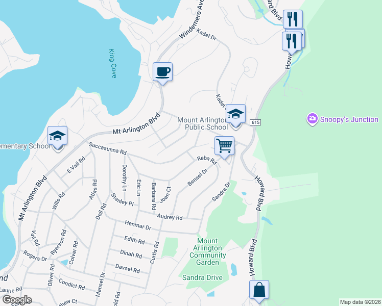 map of restaurants, bars, coffee shops, grocery stores, and more near 672 Succasunna Road in Mount Arlington