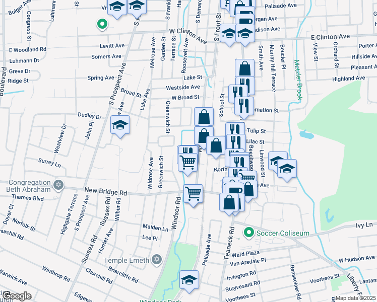 map of restaurants, bars, coffee shops, grocery stores, and more near 140 Woodbine Street in Bergenfield