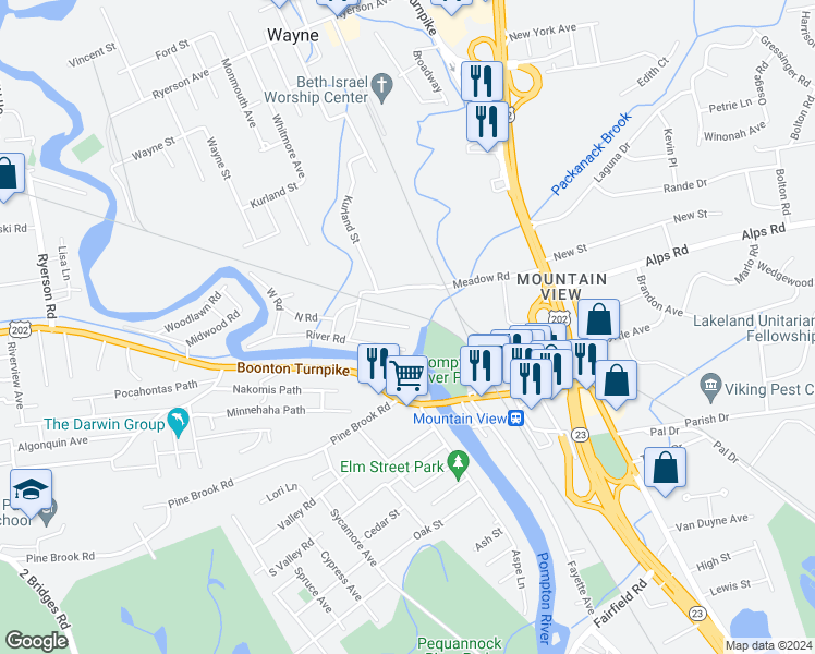 map of restaurants, bars, coffee shops, grocery stores, and more near 22 Brookside Road in Wayne