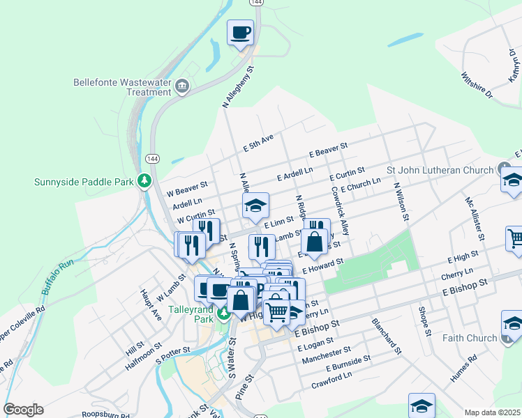 map of restaurants, bars, coffee shops, grocery stores, and more near 420 North Allegheny Street in Bellefonte