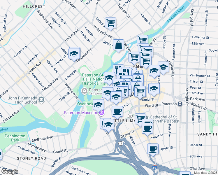 map of restaurants, bars, coffee shops, grocery stores, and more near 7 Mill Street in Paterson