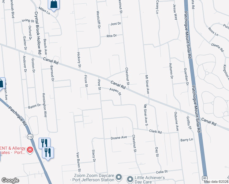 map of restaurants, bars, coffee shops, grocery stores, and more near 10 Aspen Street in Port Jefferson Station